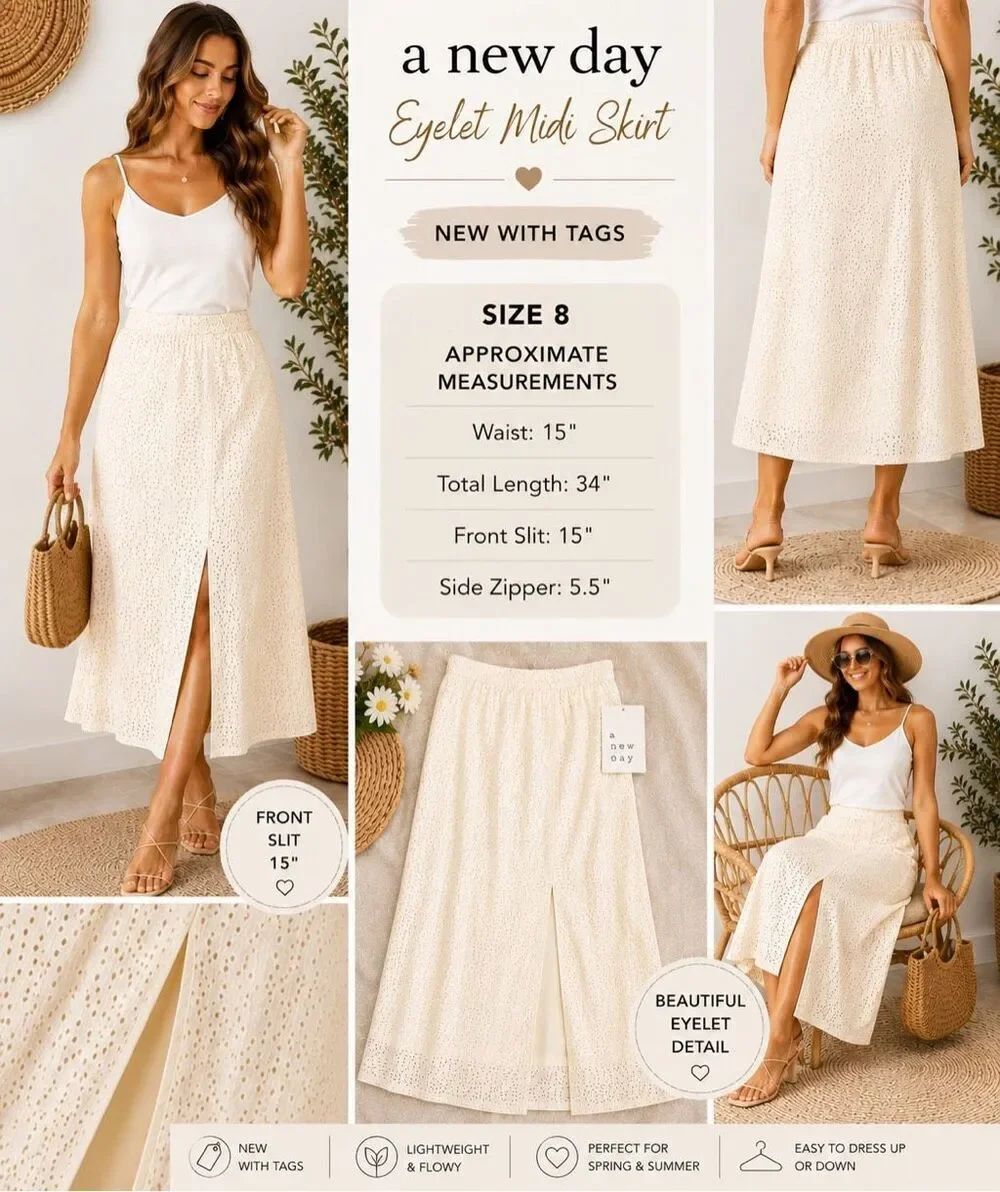 A New Day Eyelet Midi Skirt NWT Women’s Size 8 Ivory/Cream Midi Skirt
